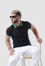 Load image into Gallery viewer, fanideaz Men's Blue Collar Premium Cotton Black with Green Collar Polo Tshirt