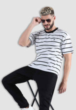 Load image into Gallery viewer, fanideaz Cotton Round Neck Striped Oversized Half Sleeve Grey T-Shirt for Mens