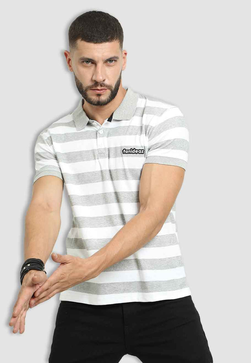 fanideaz Mens Cotton Half Sleeve Branded Polo White and gray T Shirt w