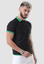 Load image into Gallery viewer, fanideaz Men's Blue Collar Premium Cotton Black with Green Collar Polo Tshirt
