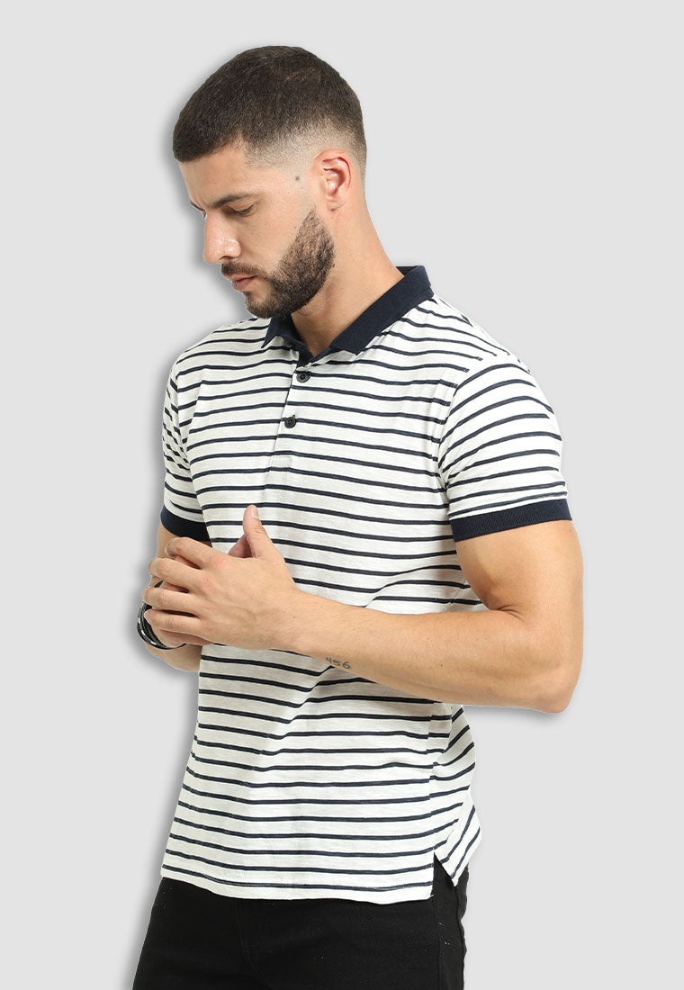 Babyhug Cotton Knit  Half Sleeves Striped Polo T-Shirt with Boat Graphics - White