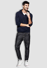 Load image into Gallery viewer, fanideaz Men's Cotton Navy Blue Hooded Sweatshirt with Leather Zip
