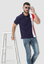 Load image into Gallery viewer, fanideaz Mens Cotton Half Sleeve Striped Polo Navy T Shirt with Collar
