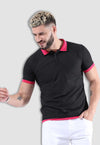 fanideaz Men's Blue Collar Premium Cotton Polo Black with Pink Collar Tshirt