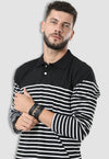 fanideaz Men’s Full Sleeve Cotton Black and White Striped Polo T Shirt