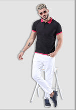 Load image into Gallery viewer, fanideaz Men&#39;s Blue Collar Premium Cotton Polo Black with Pink Collar Tshirt
