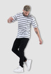 fanideaz Cotton Round Neck Striped Oversized Half Sleeve Grey T-Shirt for Mens