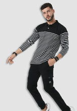 Load image into Gallery viewer, fanideaz Men’s Full Sleeve Cotton Black and White Striped Polo T Shirt