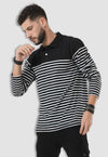 fanideaz Men’s Full Sleeve Cotton Black and White Striped Polo T Shirt