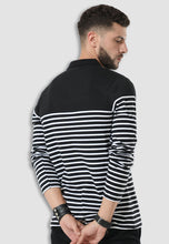 Load image into Gallery viewer, fanideaz Men’s Full Sleeve Cotton Black and White Striped Polo T Shirt